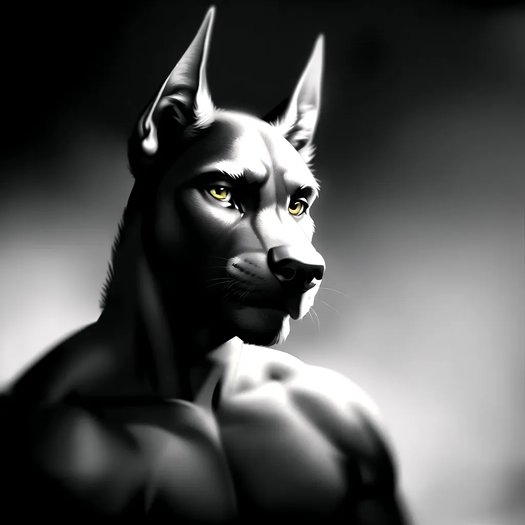 The image is a black and white portrait of a muscular anthropomorphic dog. The dog has short, cropped fur, and its ears are pointed and stand up. Its eyes are a light yellow color, and its nose is black. The dog is wearing a dark-colored shirt that is open at the collar, showing its muscular chest. The dog's expression is serious and determined. The background of the image is a dark, neutral color.