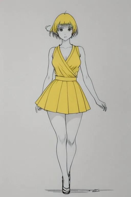 The image is a fashion illustration of a woman wearing a yellow dress. The woman has short blonde hair and gray eyes. She is wearing a yellow pleated dress with a v-neckline. The dress is sleeveless and has a fitted bodice. The skirt is full and pleated. The woman is wearing black high heels. She is standing with her left foot forward and her right foot back. Her arms are at her sides and she is looking straight ahead. The image is drawn in a realistic style and the colors are bright and vibrant.