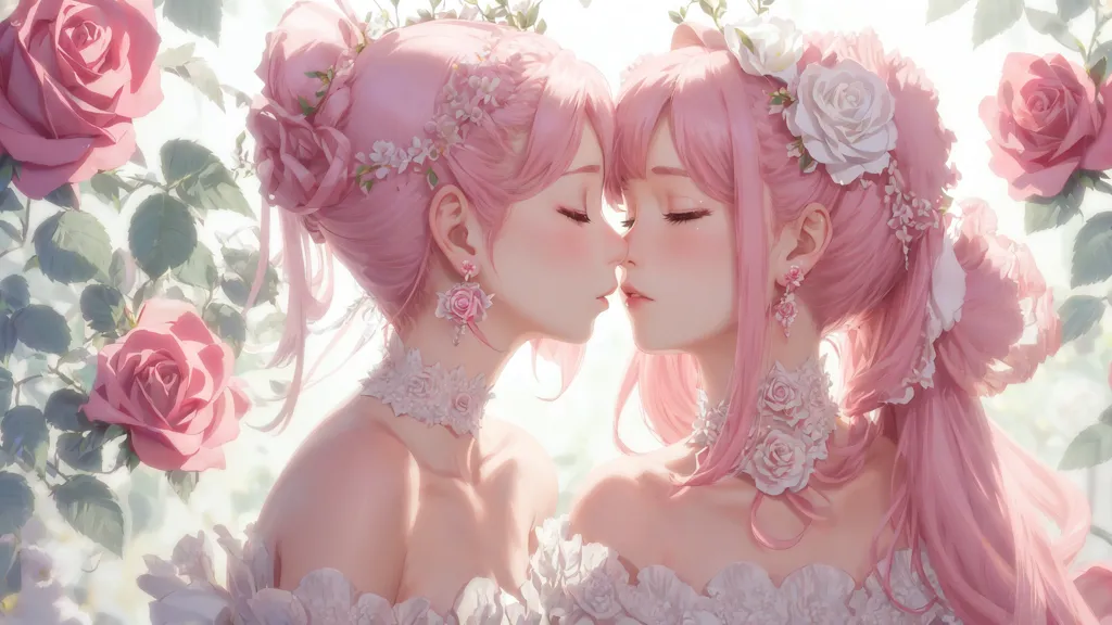 This image depicts two beautiful women with pink hair and white dresses. They are standing in a garden of pink and white roses. The women are leaning in towards each other and are about to kiss. The background is a soft, out of focus blur of white.