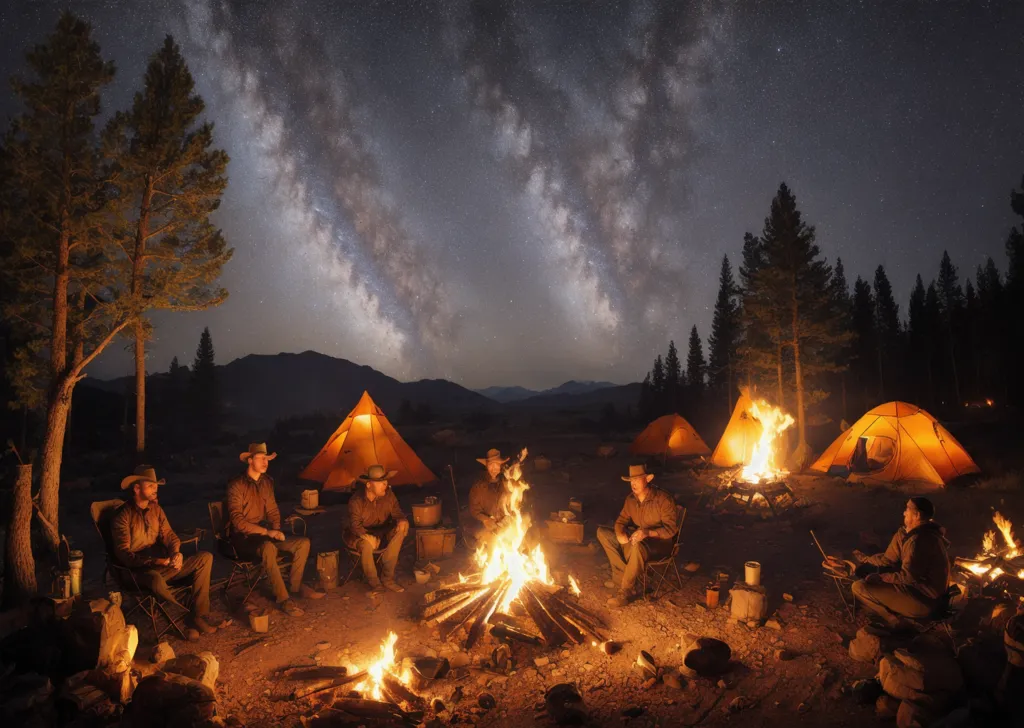 A group of seven men are camping together in the wilderness. They have set up four tents and are sitting around a campfire together. The night sky is clear and full of stars. There are mountains in the distance. The men are wearing casual clothes and are all wearing cowboy hats. They are all sitting in chairs and look relaxed and happy.