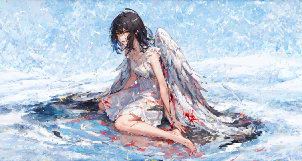 The image is of a young woman with long black hair and yellow eyes. She is wearing a white dress and has large white wings. She is sitting on a rock in the middle of a body of water. The water is red, presumably from blood. There are also a number of small, white objects floating in the water. These may be feathers or snowflakes. The woman's head is bowed and her eyes are closed. She appears to be sad or in pain. The background is a pale blue color with a number of white dots. These may be stars or snowflakes.