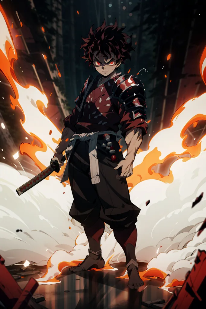 The image is of a young man with red and black hair, red eyes, and a scar on his forehead. He is wearing a black and red kimono with a white sash and is barefoot. He is standing in a forest, surrounded by flames. He is holding a sword in his right hand. The background is dark, with a few trees in the distance.