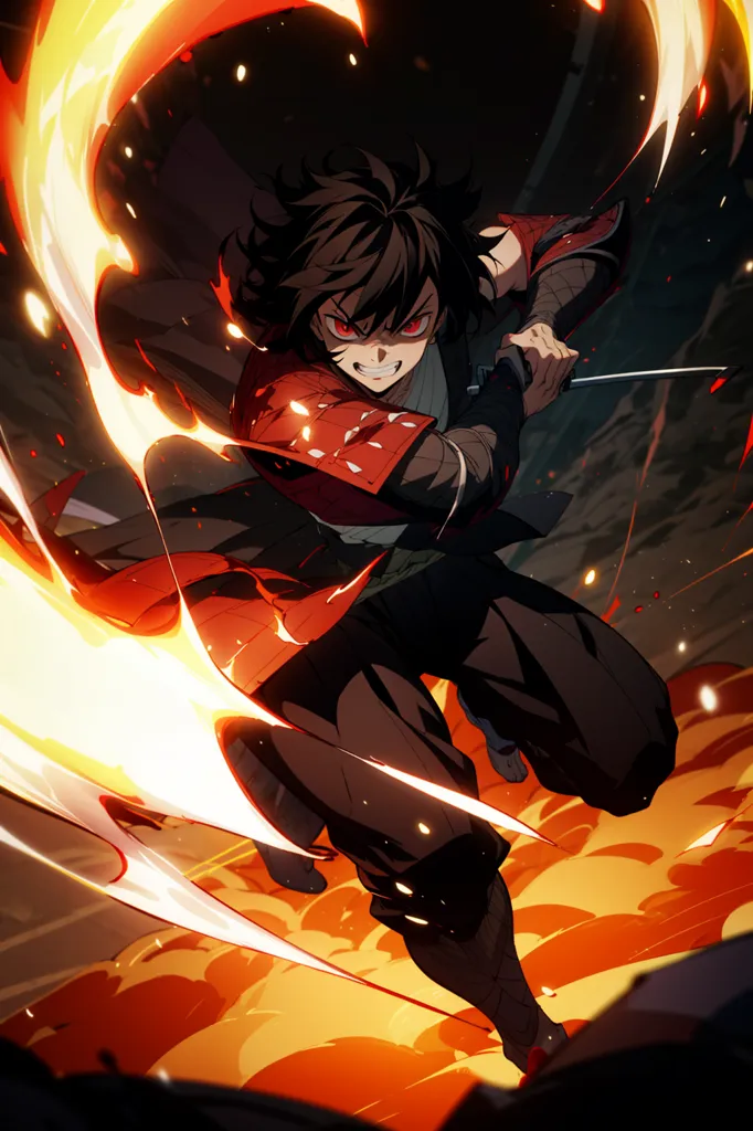 A imagem é de um personagem de anime, Kyojiro Rengoku, da série de anime "Kimetsu no Yaiba" (também conhecida como "Demon Slayer"). Ele está em pé em um fundo laranja ardente, com uma expressão determinada no rosto. Ele está usando um haori xadrez preto e branco sobre seu kimono de cor escura, com um padrão semelhante a chamas na parte inferior. Ele também está usando calças pretas e meias tabi brancas com sandálias zori pretas. Ele está segurando uma espada em sua mão direita, e há chamas saindo da lâmina. Também há chamas saindo de sua mão esquerda. Ele tem uma cicatriz na bochecha esquerda.