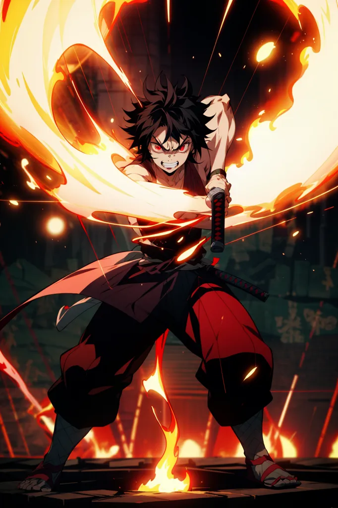 A imagem é de um personagem de anime, Kyojiro Rengoku, da série de anime "Kimetsu no Yaiba" (também conhecida como "Demon Slayer"). Ele está em pé em um fundo laranja ardente, cercado por chamas. Ele está usando um quimono preto e vermelho, com um haori branco por cima. Ele também está usando um par de meias tabi brancas e sandálias zori pretas. Ele tem uma expressão determinada no rosto e está segurando sua espada em uma posição de prontidão.