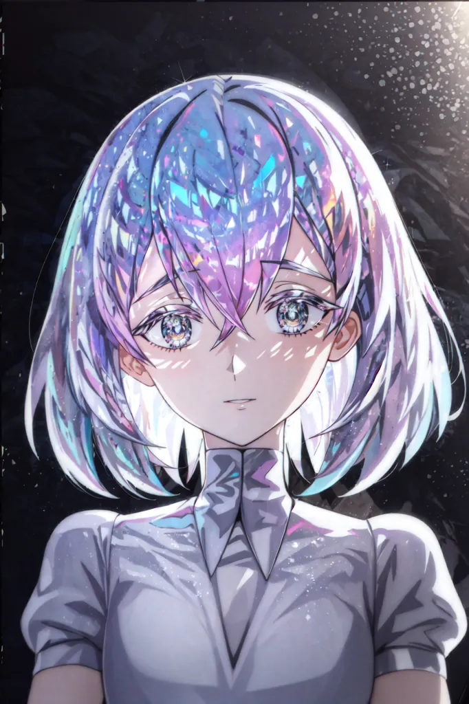 The image is a portrait of a young woman with short, prismatic hair that is reflecting light. Her eyes are wide and her expression is serious. She is wearing a white dress with a high collar. The background is dark with a starry sky.