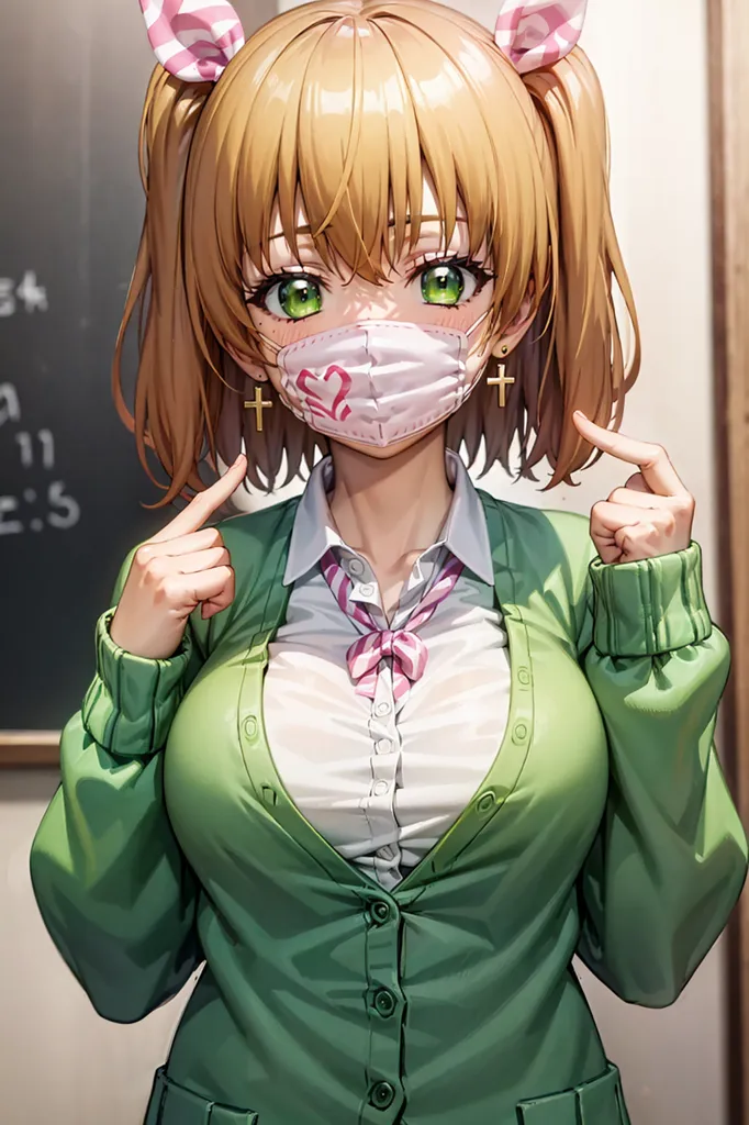 The image depicts a young woman with long brown hair tied in twintails. She is wearing a white button-down shirt, a green sweater, and a pink bow. She has a surgical mask on her face with a small heart on it. She is standing in front of a blackboard.