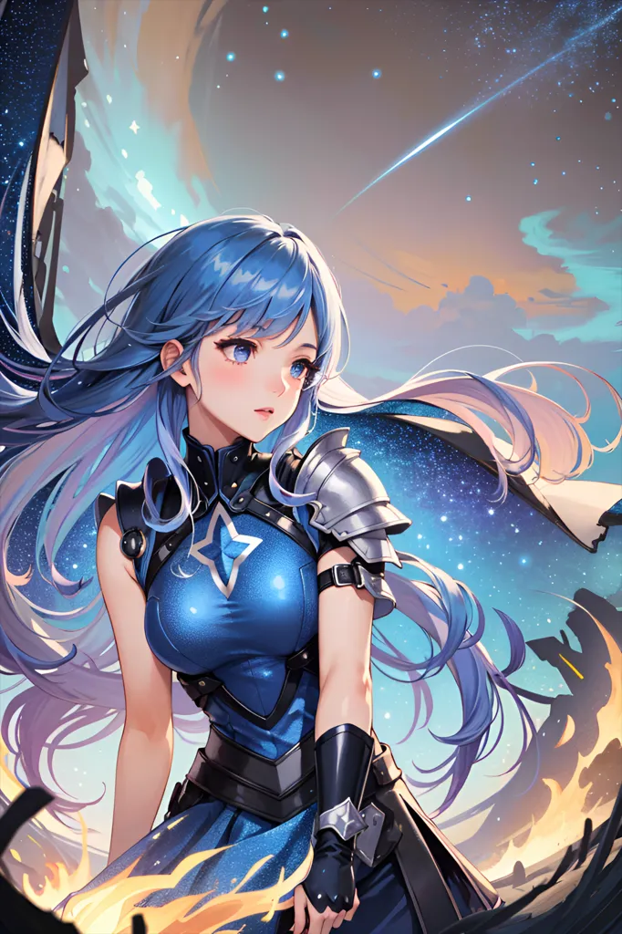 The image is of an anime-style girl with long blue hair and blue eyes. She is wearing a blue and white outfit with a star on her chest. She is also wearing a cape and there is a sword on her hip. The girl is standing in a field of flowers, and there is a large tree behind her. The sky is blue, and there are some clouds in the distance. The girl is looking at the viewer with a serious expression on her face.