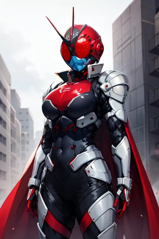 The image is of a female Kamen Rider. She is wearing a red and black suit of armor with a red cape. Her helmet has a visor that is shaped like a pair of insect eyes. She is standing in a city and there are buildings in the background.