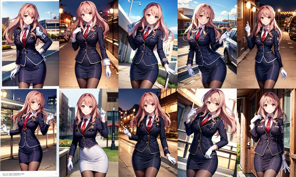 The image shows a grid of 10 different images of a female police officer. She has long pink hair, blue eyes, and is wearing a police uniform. She is standing in different poses in each image, and in some of the images, she is smiling.