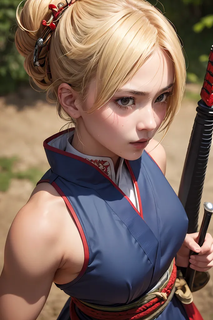 The image shows a young woman with blonde hair and brown eyes. She is wearing a blue sleeveless kimono with a white collar and a red obi. She is also wearing a brown belt with a red sash. Her hair is tied in a bun and she has a red hairpin in her hair. She is holding a sword in her right hand. She has a serious expression on her face. She is standing in a forest.