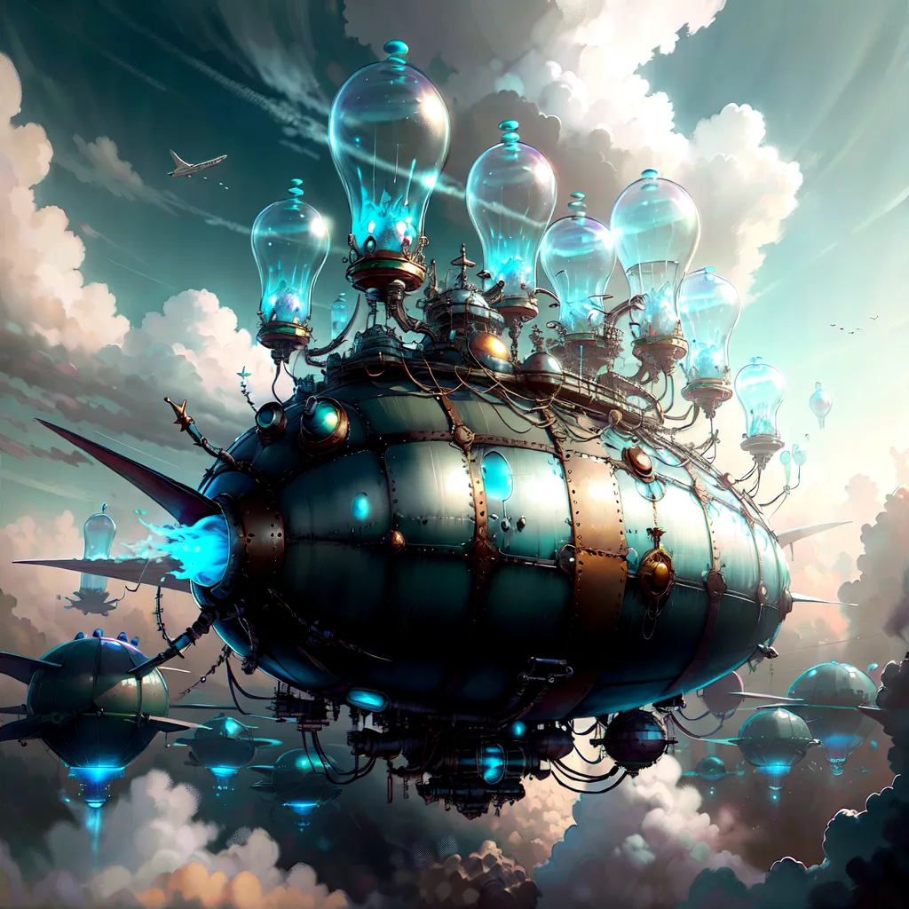 The image shows a steampunk airship. It is a large, metal-clad vehicle that floats in the air. The ship has several large, glass domes on its top. These domes are filled with a glowing gas that provides light and heat. The ship also has a number of smaller domes and windows. There are several propellers on the back of the ship that propel it forward. The ship is surrounded by clouds and there are other similar ships in the distance.