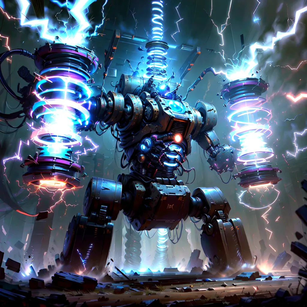 The image shows a giant steampunk robot standing in a destroyed city. The robot is made of metal and has two large arms with electrical coils on each. It is also has a large electrical coil on its back. The robot is surrounded by lightning and there are large rocks and debris scattered around it.