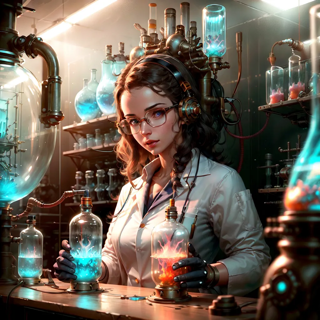 The image shows a steampunk laboratory with a female scientist wearing a lab coat and goggles. She is holding two beakers, one with a blue liquid and the other with an orange liquid. She is looking at the orange liquid with a thoughtful expression. There are many beakers, tubes, and other equipment in the background. The laboratory is lit by a single light bulb.