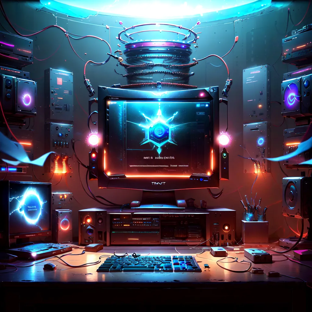 The image is a retro futuristic battlestation. There is a large computer monitor in the center of the image, flanked by two smaller monitors. The computer is surrounded by various electronic equipment, including a keyboard, mouse, speakers, and a large number of cables. The room is lit by a blue light, and the overall atmosphere is one of mystery and intrigue.