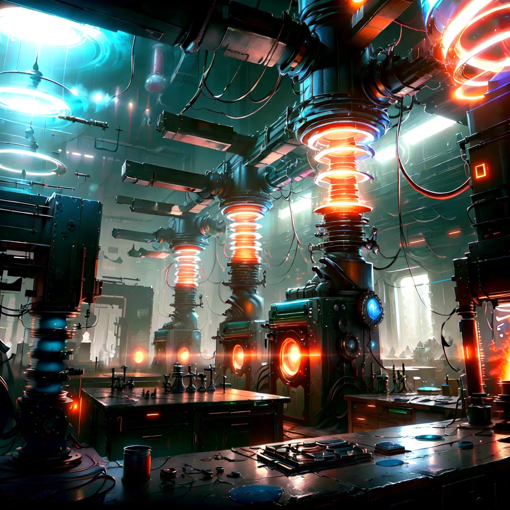 The image shows a futuristic laboratory with a variety of strange and wonderful machines. The machines are all made of metal and glass, and they are all glowing with different colors. There are also a number of strange symbols etched into the walls of the laboratory. The laboratory is lit by a single, bright light, which is shining down from the ceiling. There is a large table in the center of the laboratory, and there are a number of chairs scattered around the table. There is a large window in the background of the laboratory, and it looks out onto a city. The city is full of tall buildings and strange machines. The sky is dark, and it looks like it is about to rain.