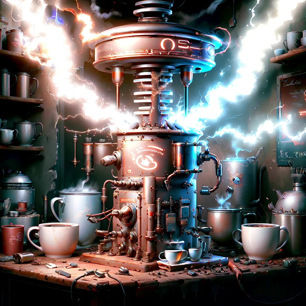 The image is a steampunk-style coffee machine. It is made of metal and has a large glass dome on top. There are a number of gauges and dials on the front of the machine, as well as a large lever. The machine is surrounded by cups and saucers. There is a blue glow coming from the inside of the machine.