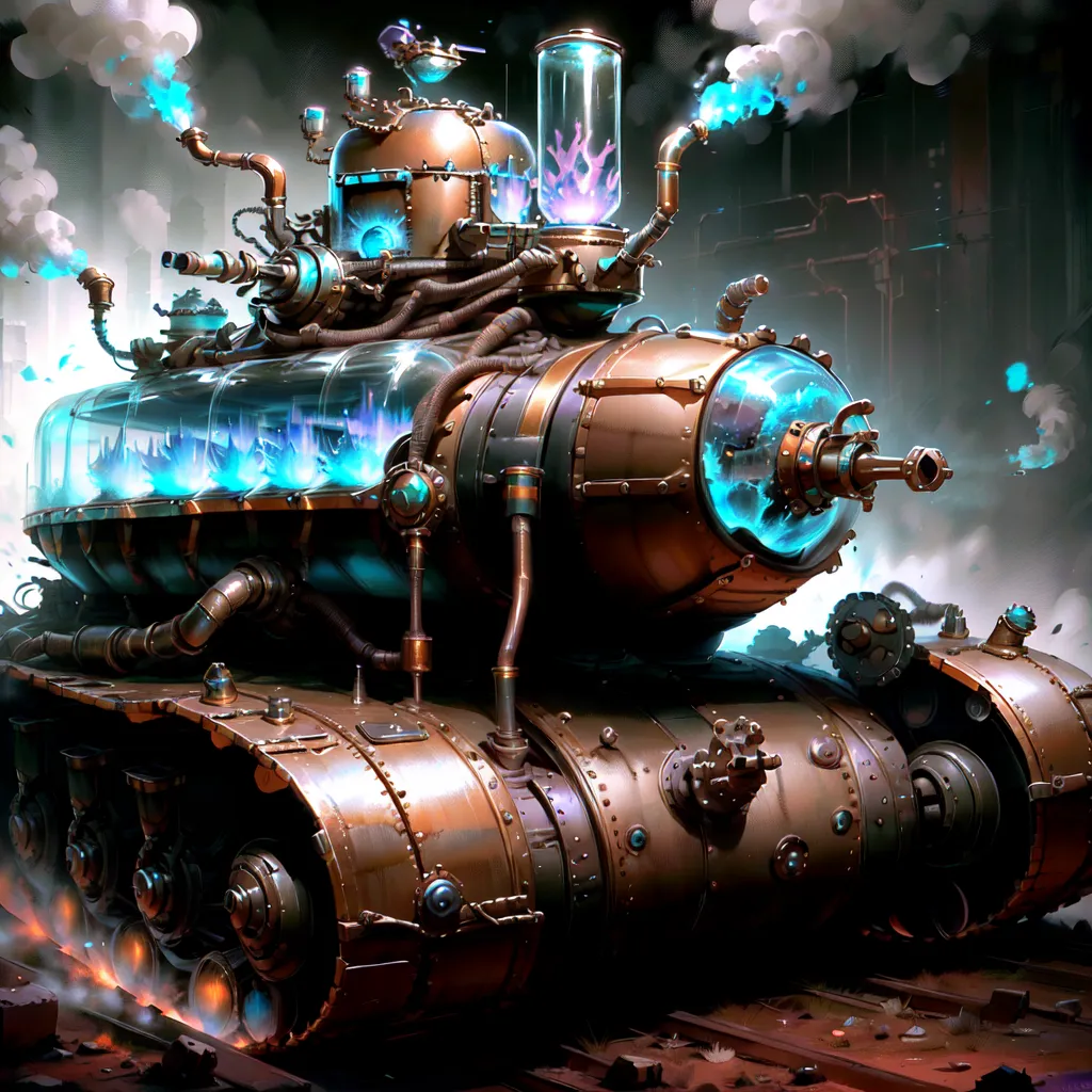 The image is a steampunk tank. It is a large, armored vehicle that runs on tracks. The tank is made of metal and has a large cannon on the front. There are several glass domes on the tank, which may be used for observation or to house the crew. The tank is also equipped with a number of steampunk gadgets, such as a large smokestack, a set of gears, and a number of pipes and valves. The tank is moving slowly forward and appears to be ready for battle.