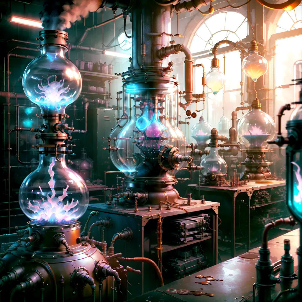 The image is a steampunk laboratory. There are many glass beakers and tubes filled with bubbling liquids. There are also metal pipes and gears. The laboratory is lit by a large window and there is a door in the background.