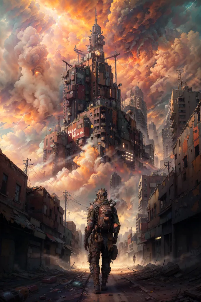 The image is a post-apocalyptic cityscape. The sky is filled with dark clouds and there are ruins of buildings everywhere. The main focus of the image is on a figure standing in the middle of the street. The figure is wearing a mask and carrying a backpack. They are looking up at the ruined buildings. The image is full of detail and the artist has done a great job of creating a sense of atmosphere.