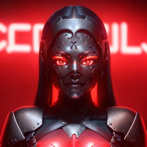 This is an image of a woman who appears to be a cyborg. She has black hair and red eyes. She is wearing a black and red suit of armor and has a glowing red symbol on her chest. The background is red with a gradient to black at the bottom.