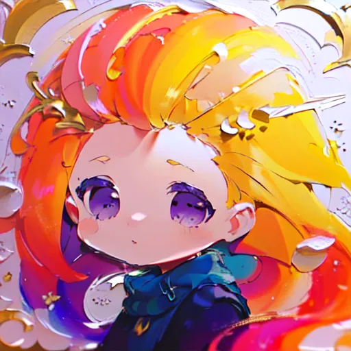 The image is a painting of a chibi version of the character Zoe from the video game League of Legends. She has long, flowing hair that is a gradient of orange and yellow, and her eyes are a deep purple. She is wearing a blue and white outfit, and she has a mischievous expression on her face. The background of the painting is a bright, light blue color.