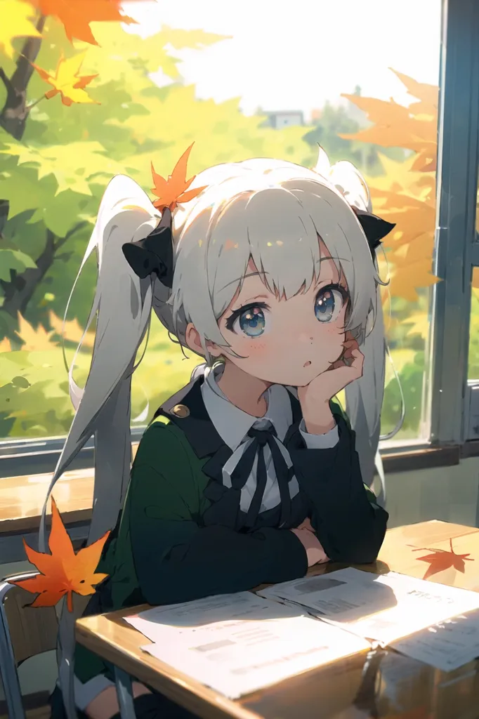 The image is of an anime girl with white hair and blue eyes. She is wearing a green and black school uniform with a white bow. She is sitting at a desk in a classroom. The leaves outside the window are turning yellow and orange, indicating that it is autumn. The girl is looking out the window and appears to be lost in thought.