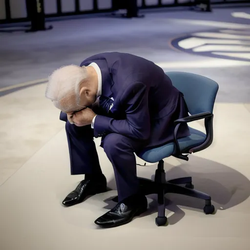 The image shows a man sitting in a chair with his head in his hands. He is wearing a dark suit and black shoes. The man is surrounded by empty chairs. The image is taken from a low angle, making the man look even more vulnerable. The man is Joe Biden, the 46th president of the United States. The image was taken on January 20, 2021, the day of Biden's inauguration. Biden is the oldest person to ever be inaugurated as president of the United States. He is also the first Roman Catholic to be elected president. Biden's inauguration was a historic event, and the image of him sitting in a chair with his head in his hands is a powerful reminder of the challenges he faces as president.