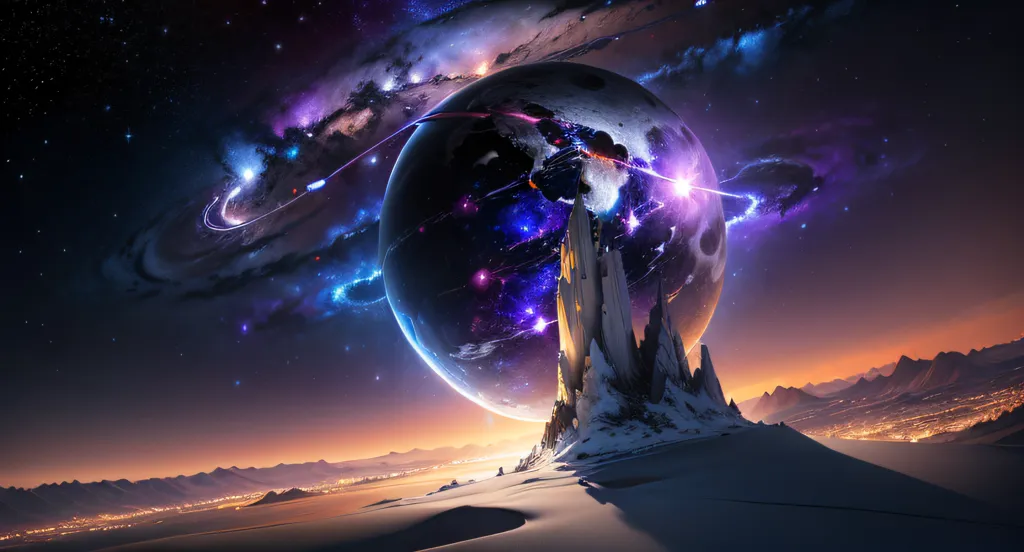 The image is set in a vast, starry space. There is a large planet in the center of the image, and a tall, rocky mountain peak rising up from the surface of the planet. The planet is surrounded by a colorful nebula, and there are shooting stars streaking across the sky. In the foreground of the image, there is a large, icy plain, with a city visible in the distance. The image is very colorful, with vibrant blues, purples, and pinks.