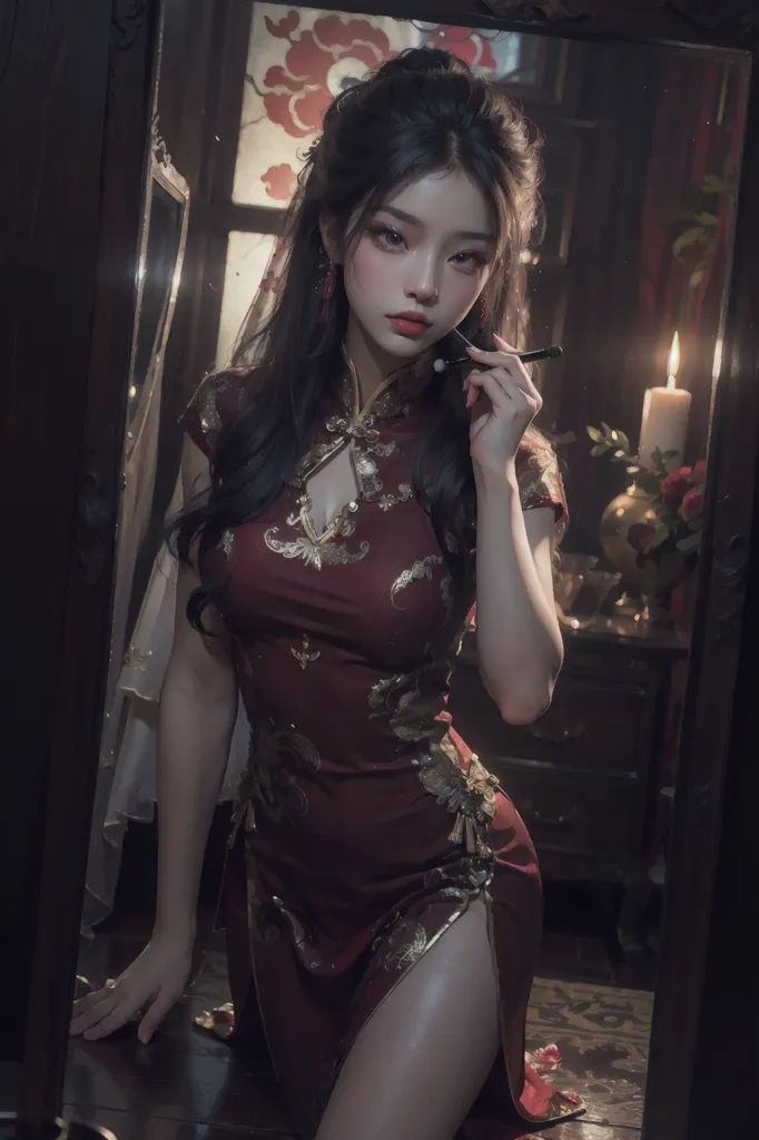 L'image montre une jeune femme portant un cheongsam rouge avec une broderie dorée complexe. Le cheongsam a un col montant et une fente au-dessus de la cuisse. Les cheveux de la femme sont longs et noirs, et elle porte un maquillage traditionnel chinois avec du rouge à lèvres et du fard à paupières rouges. Elle tient un porte-cigarette dans sa main droite et il y a une bougie allumée sur la table derrière elle. Il y a un miroir derrière elle qui reflète son image.