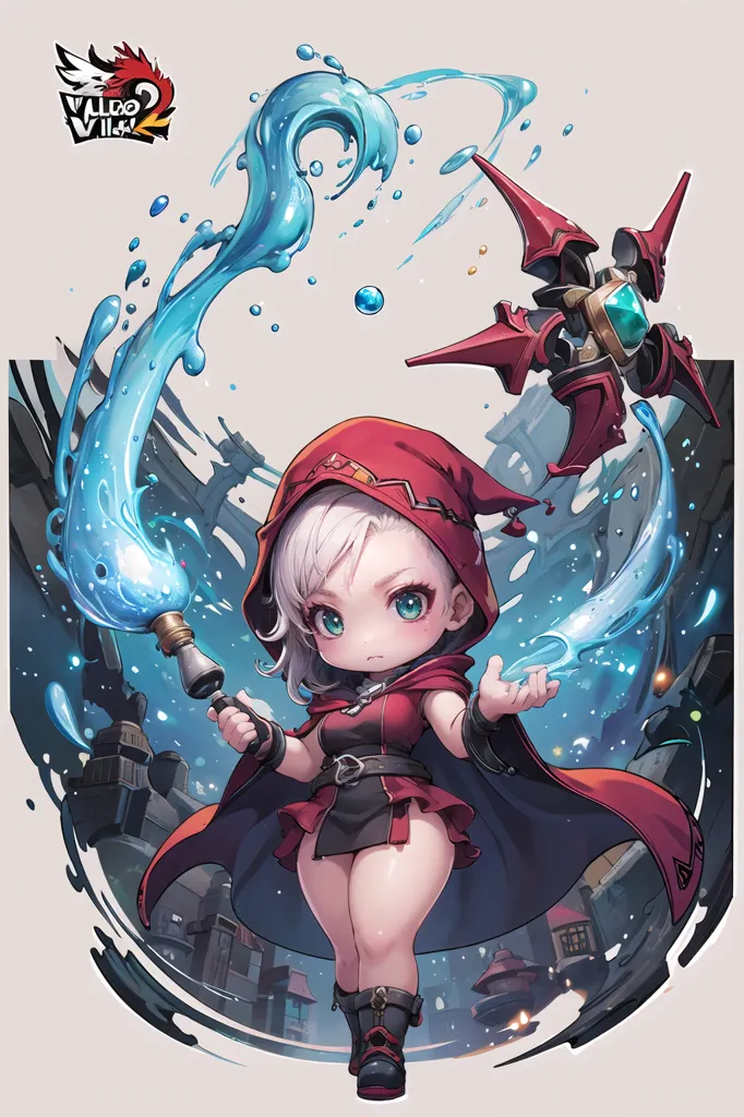 L'image représente un personnage de style chibi du jeu Valdo Vill. C'est une jeune fille aux cheveux blancs et aux yeux rouges, vêtue d'un costume rouge et blanc. Elle se tient dans une ville en ruines, avec un ennemi mécanique de grande taille en arrière-plan. La fille tient un bâton et l'utilise pour lancer un sort d'eau. L'eau s'écoule autour d'elle et prend la forme d'un dragon. L'image est dessinée dans un style très détaillé et coloré, et les personnages sont tous très expressifs.