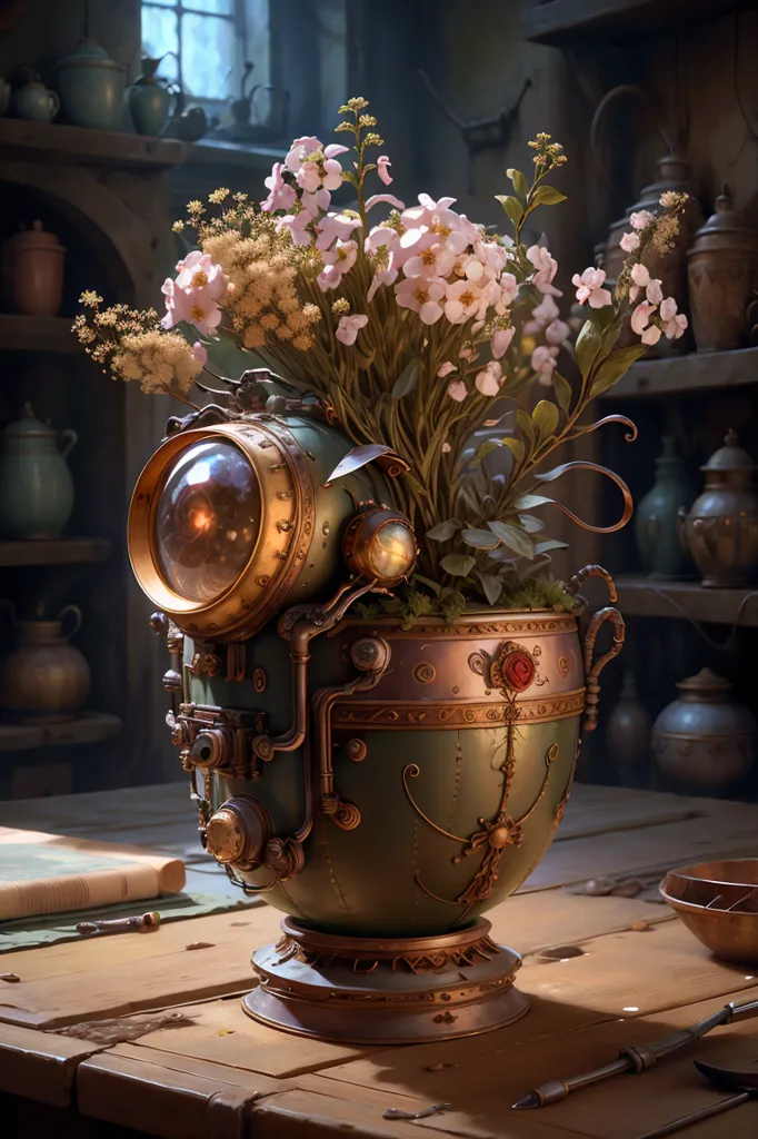 The image is a still life of a vase of flowers. The vase is made of metal and has a steampunk design. The flowers are white and pink and have a delicate appearance. The vase is sitting on a wooden table. There is a book and some other objects on the table. The background is a dark wall with shelves filled with various objects.