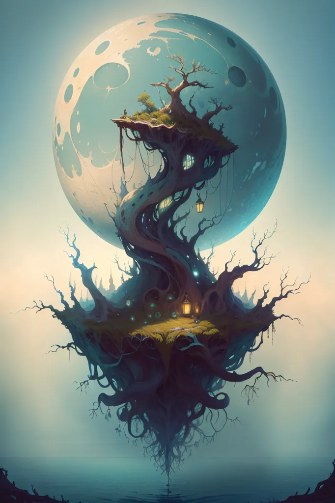 The image is a surreal landscape with a large tree at the center. The tree is growing on a floating island, and its roots are hanging down into the water below. The island is surrounded by a large moon, and there are two small figures standing on the island. The tree is covered in strange, glowing mushrooms, and there are several small houses built into its trunk. The water below the island is a deep blue, and there are several fish swimming in it. The image is full of vibrant colors, and the atmosphere is one of mystery and wonder.