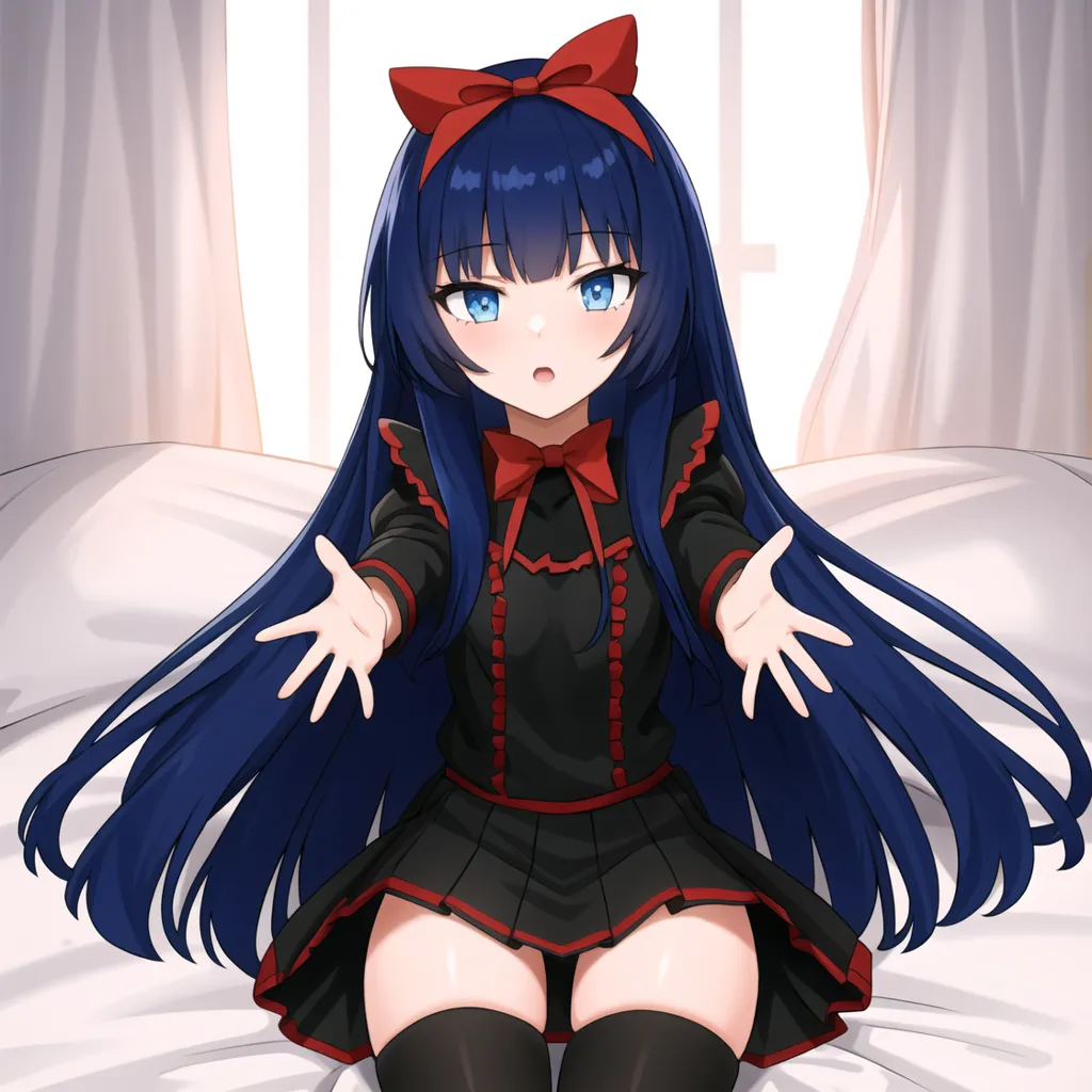 The image shows a young girl with long blue hair and blue eyes. She is wearing a black dress with a red bow in her hair and red trim on the sleeves. She is sitting on a bed with her hands outstretched. The background is a white wall with a window.