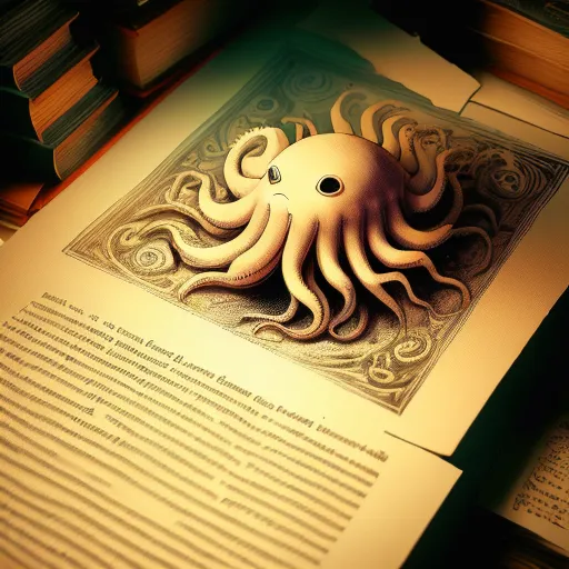 The image is an illustration of an octopus. The octopus is depicted as a realistic creature with eight tentacles and a large, bulbous head. The octopus is sitting on a stack of books, and it is looking out at the viewer with its large, sad eyes. The illustration is done in a realistic style, and the colors are muted and understated. The overall effect of the image is one of mystery and intrigue.