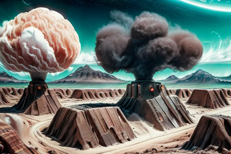 The image shows two large, dark structures in the middle of a desert landscape. These structures are surrounded by smaller buildings and what appear to be roads or pathways. In the background, there is a mountain range. The sky is dark and cloudy. There are two large explosions happening above the structures. One explosion is pink and the other is black.