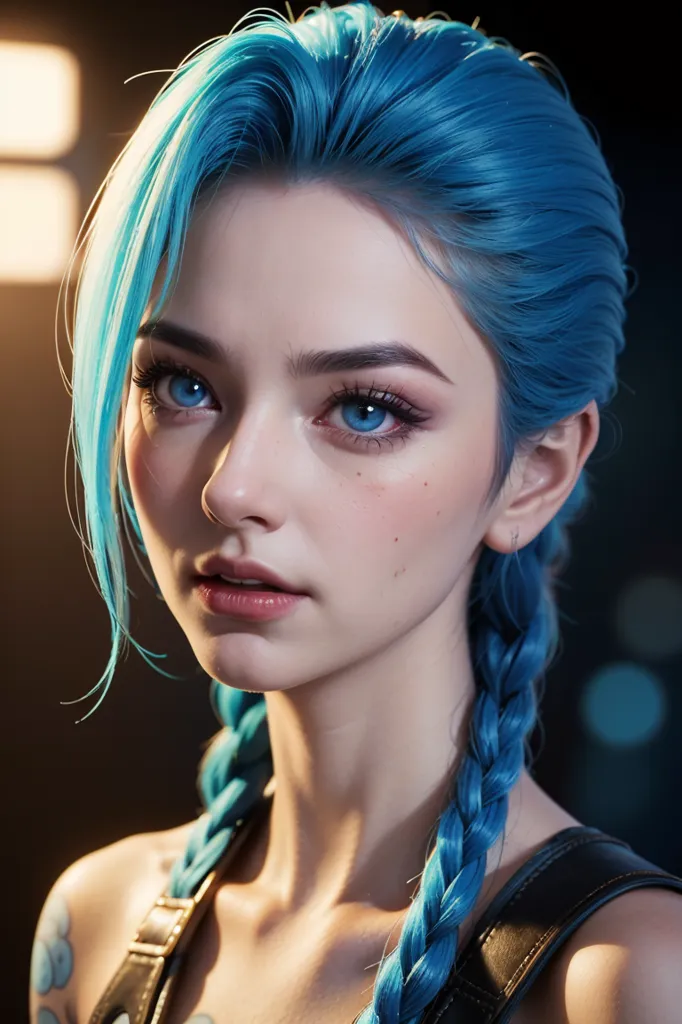 A imagem mostra uma mulher jovem com cabelo azul e olhos azuis. Ela está usando um colete de couro preto e tem uma tatuagem no braço esquerdo. O fundo é escuro, com um holofote iluminando-a. A expressão da mulher é séria e intensa.