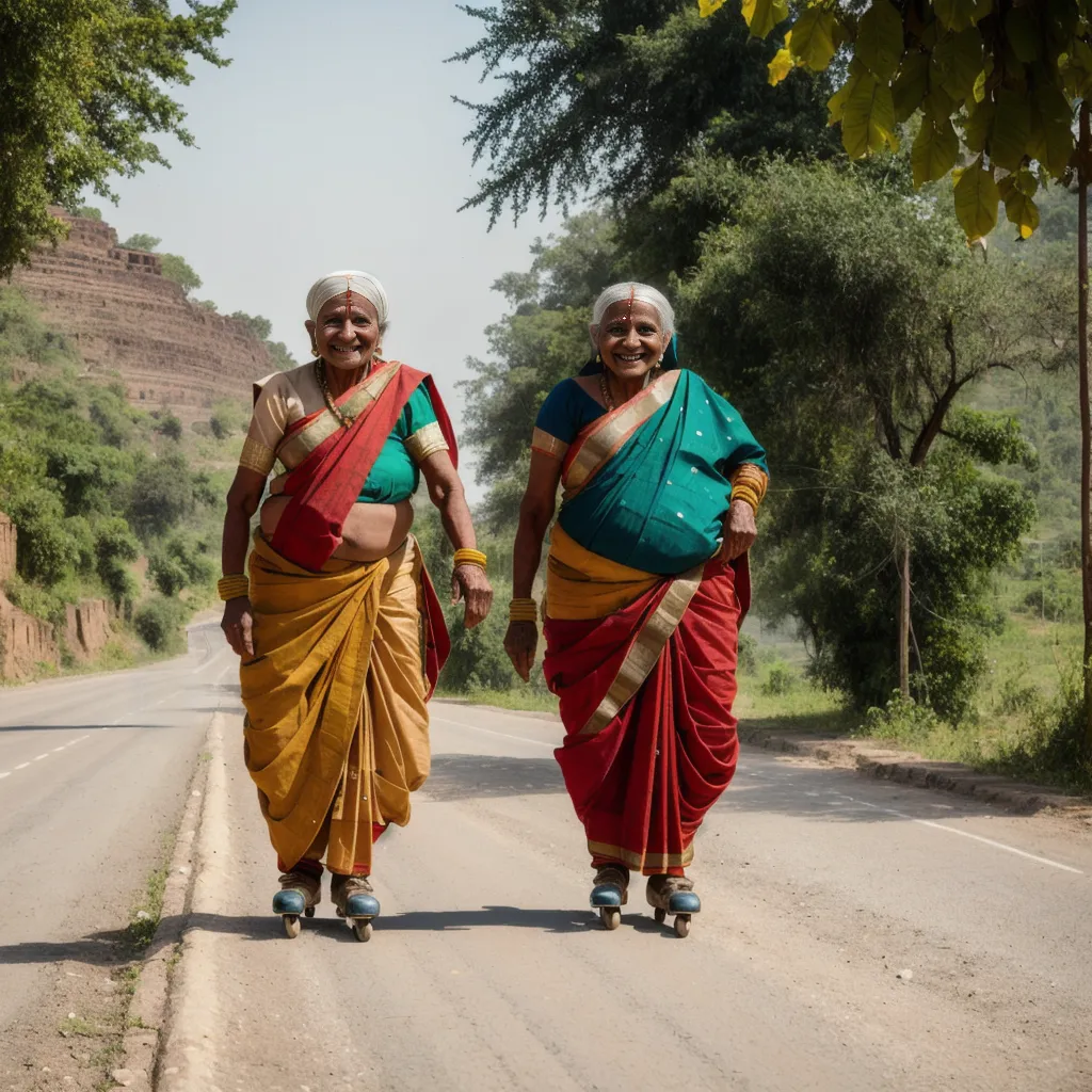 Dos mujeres indias ancianas patinando sobre ruedas por una carretera rural. Ambas llevan ropa tradicional india y están sonriendo. El fondo es un borrón de árboles y cielo.