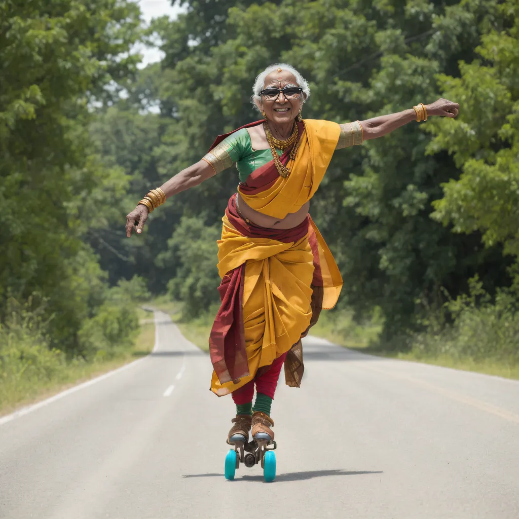 An elderly Indian woman rollerblading down a rural road. She is wearing a yellow and red sari, a green blouse, and sunglasses. She has her arms outstretched and is smiling. There are trees on either side of the road.