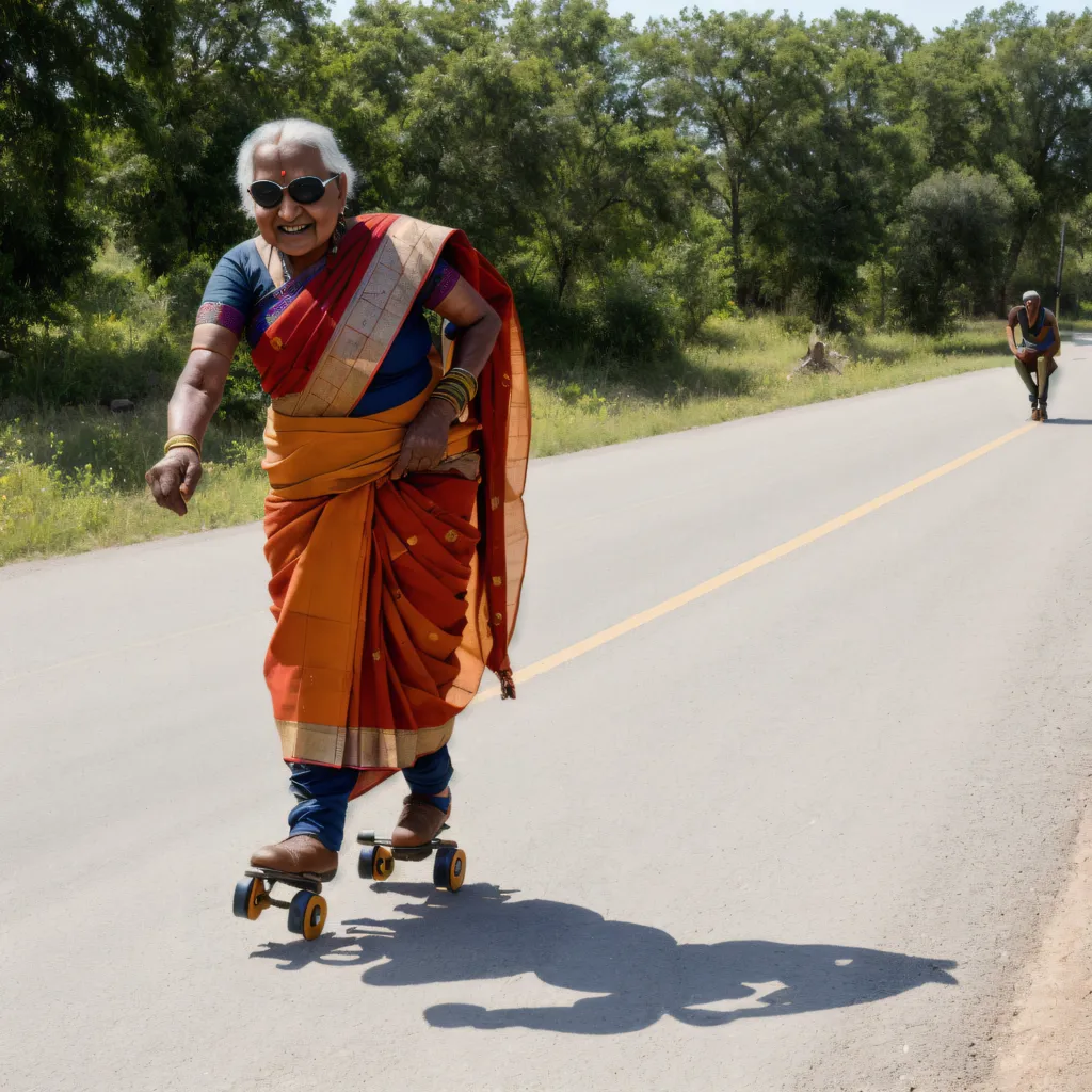 An elderly Indian woman in a sari is rollerblading down a road. She is wearing a helmet and sunglasses and has a smile on her face. There are trees on either side of the road.