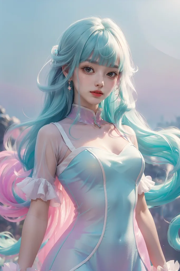 La imagen es una pintura de una hermosa chica de anime con cabello azul largo y ondulado. Ella está usando un vestido blanco con un fajín azul. El fondo es de un suave color azul claro. Los ojos de la chica están cerrados y tiene una expresión serena en su rostro. La pintura está hecha en un estilo realista, y la piel de la chica es suave y sin imperfecciones. Su cabello también está muy detallado, y cada mechón es visible individualmente. La pintura es muy hermosa y captura a la perfección la belleza y serenidad de la chica.