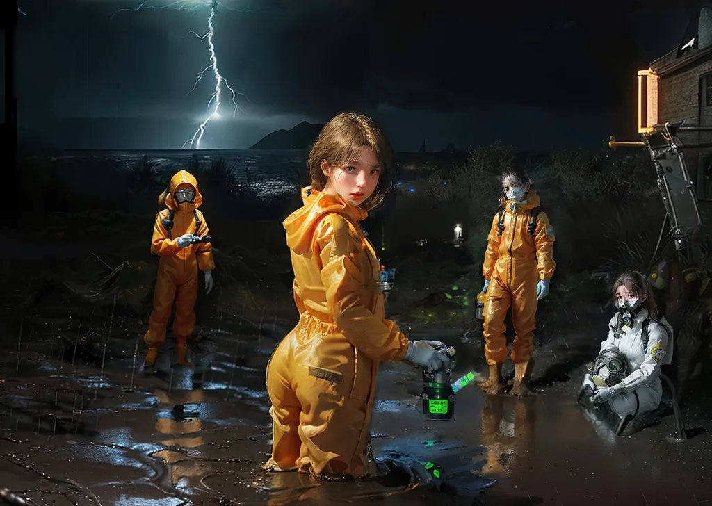 Four women wearing hazmat suits are standing in a post-apocalyptic landscape. The suits are yellow and have a hood. The women are all looking in different directions. There is a house in the background and a storm is raging in the distance.