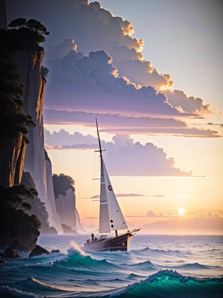 La imagen es una pintura de un velero en el mar. El cielo es un gris tormentoso, con nubes oscuras que se acercan. El mar está agitado, con grandes olas que se estrellan contra el barco. El barco está siendo navegado por dos personas, que ambas llevan chalecos salvavidas. El barco corre el riesgo de ser volcado por las olas.