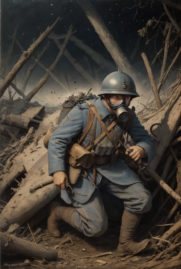 The image shows a soldier from World War I. He is wearing a blue uniform and a gas mask. He is carrying a gun and a backpack. He is crawling through a trench. The trench is full of mud and debris. There are dead trees and branches all around. The sky is dark and gloomy. The image is very realistic and captures the horror and danger of war.