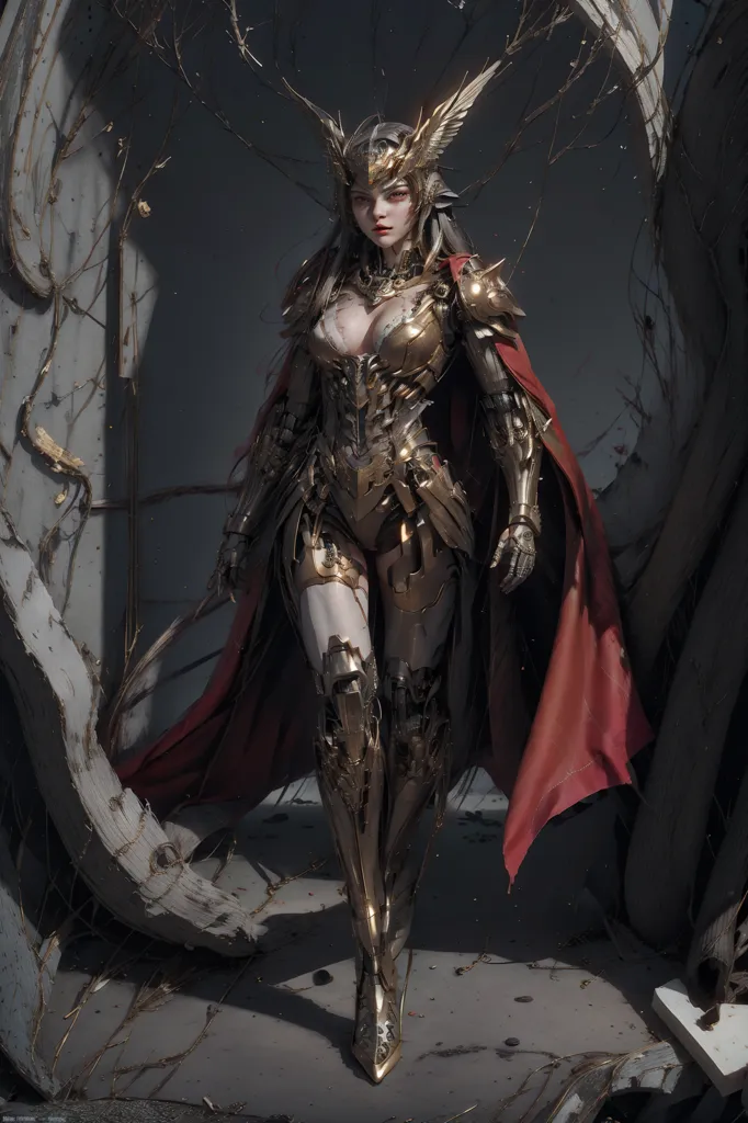 This image shows a tall, slender woman with long silver hair and golden eyes. She is wearing a golden armor with a red cape. The armor has intricate designs and appears to be made of metal. The woman is standing in a dark room with a large tree behind her. The tree has gnarled branches and appears to be dead. The woman's expression is serious and determined. She looks like a warrior who is ready for battle.