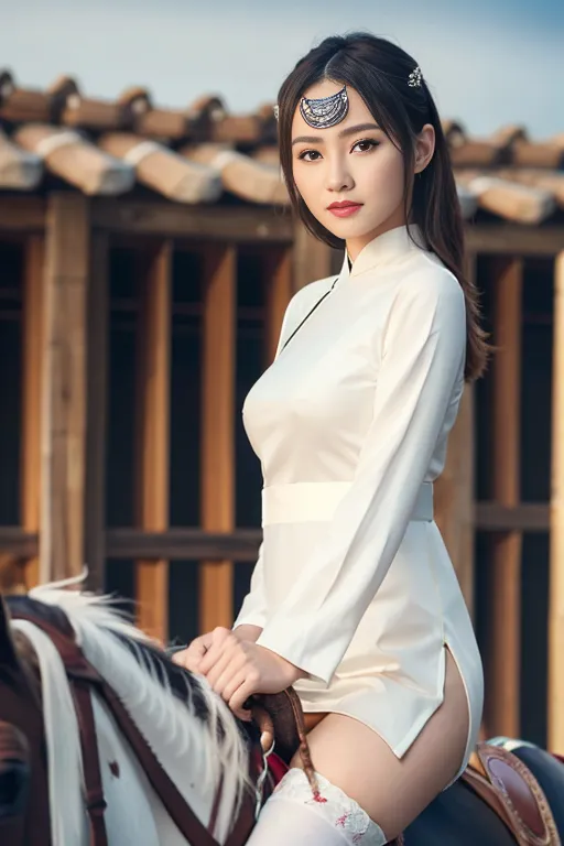 The photo shows a young woman in a white dress sitting on a horse. She is wearing a traditional Vietnamese hat and has her hair in a bun. She is looking at the camera with a serious expression. The horse is standing in a field of grass and there are trees in the background.