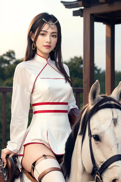 The image is of a beautiful young woman in a white dress with red trim riding a white horse. She has long dark hair and is wearing a traditional Chinese headdress. The woman is sitting astride the horse and is holding the reins in her right hand. She is looking at the camera with a serious expression. The background is a blur of trees and sky.