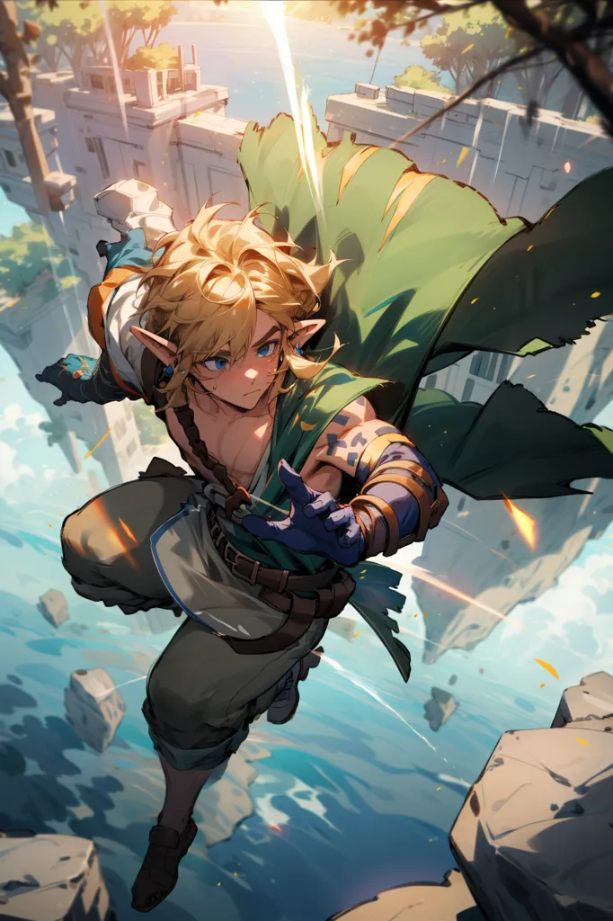 The image shows Link, the protagonist of the Legend of Zelda video game series. He is standing on a stone platform in the sky, with a large stone structure in the background. He is wearing a green tunic and brown trousers, and has a sword and shield. He is looking to the left with a determined expression on his face.