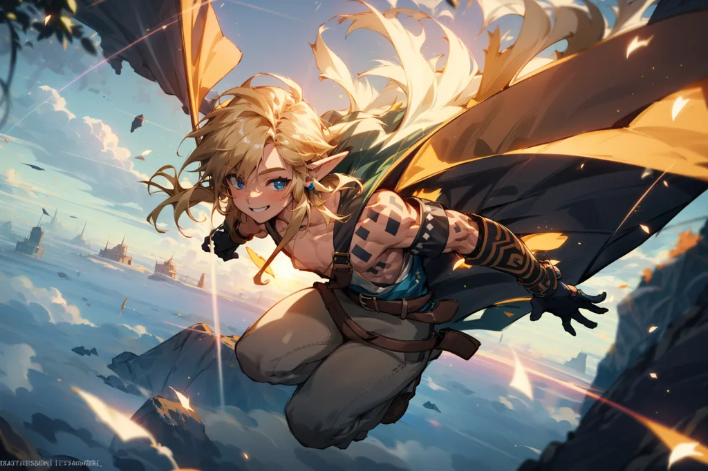 This image shows Link, the protagonist of the Legend of Zelda video game series. He is depicted as a young man with blond hair and blue eyes, wearing a green tunic and brown boots. He is also wearing a yellow scarf and has a sword and shield equipped. He appears to be in the middle of a battle, as he is surrounded by enemies and debris. The background is a sky with clouds and mountains in the distance.