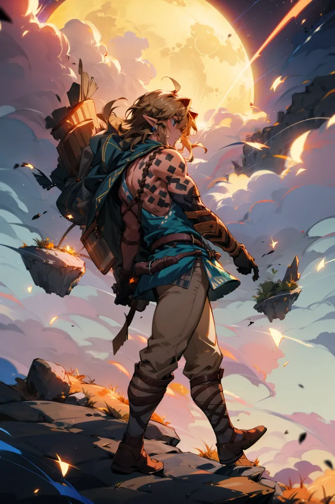 This is an image of Link from the Legend of Zelda series. He is standing on a cliff, looking out over a vast landscape. The moon is full, and there are ruins floating in the sky. Link is wearing a blue tunic and brown pants. He has a sword and a shield on his back. He is also wearing a Sheikah Slate on his left arm. The image is in a realistic style, and the colors are vibrant and saturated.