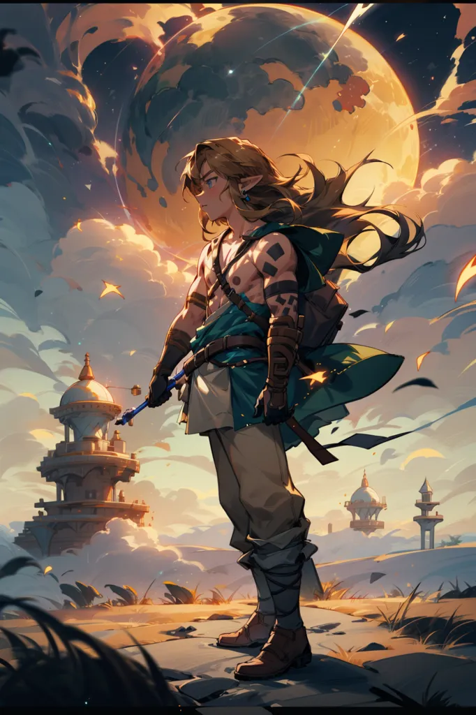 This is an image of Link, the protagonist of the Legend of Zelda video game series. He is standing on a hilltop, looking out over a ruined city. The sky is dark and cloudy, and there is a large moon in the background. Link is wearing a green tunic and brown pants, and he is carrying a sword and shield. He has long, blond hair and green eyes. He is standing in a confident pose, and it is clear that he is ready to face any challenge that comes his way.